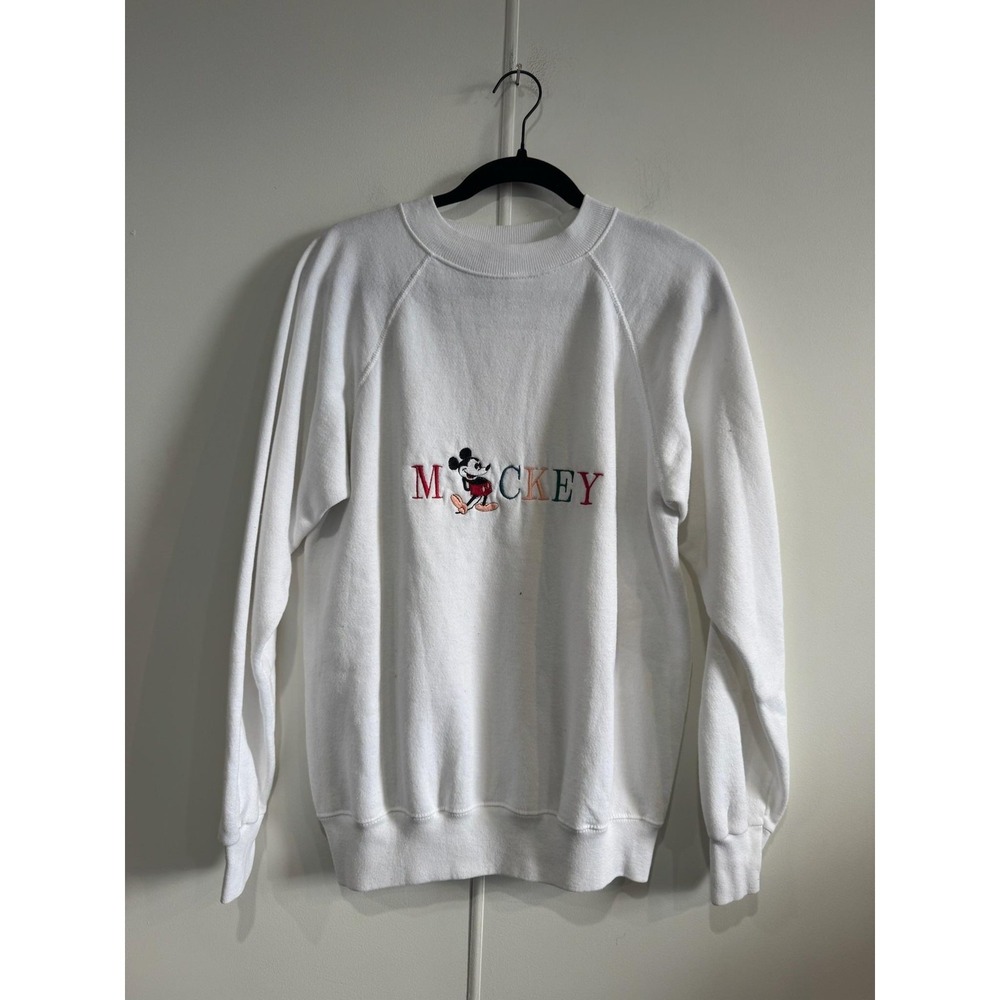 Vintage Hanes Mickey Mouse Sweatshirt Mens Medium White Fleece Embroidered USA